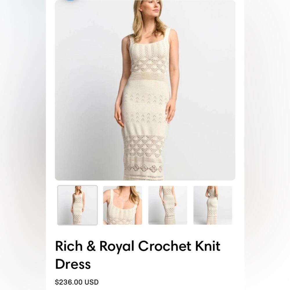 NWOT Rich & Royal Italy Ivory Crochet Knit Bodycon Boho Hippie Maxi Dress